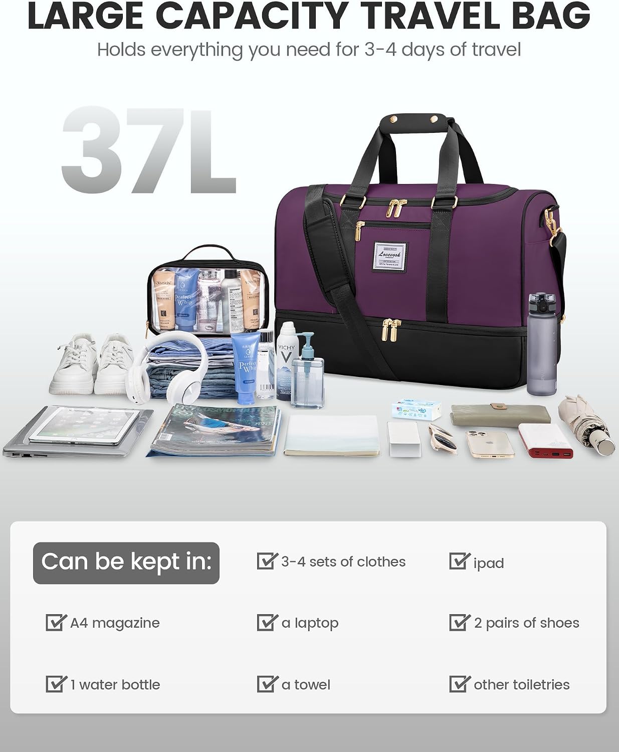 Thumbnail 4 de LOVEVOOK Weekend Overnight Bag for Women with Shoe Compartment & Wet Pocket (carry on travel & gym)