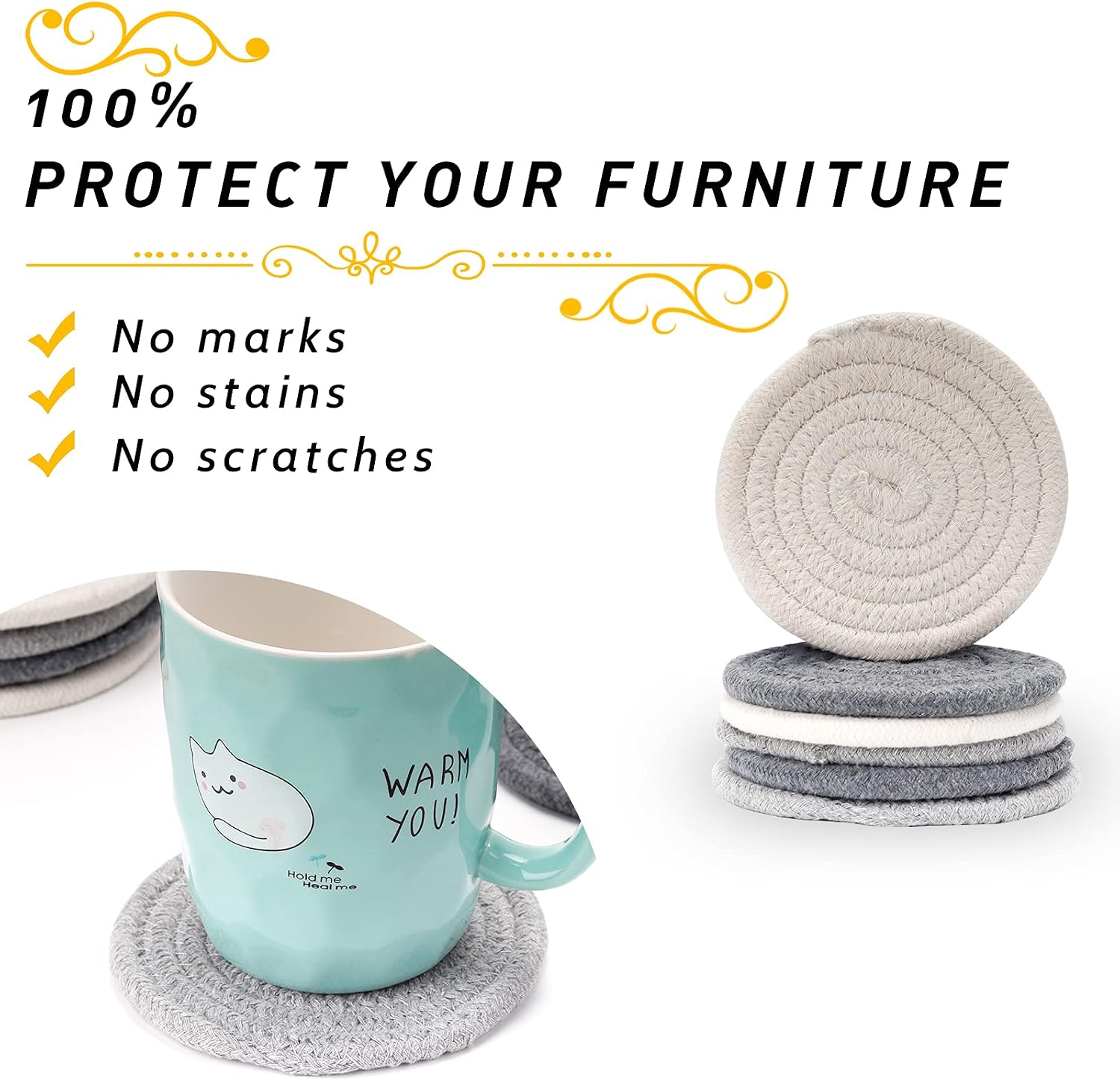 Thumbnail 4 de 6/8 Pcs Vintage Round Woven Coasters with Absorbent Cotton Rope (4.3 inch) – Boho table protection