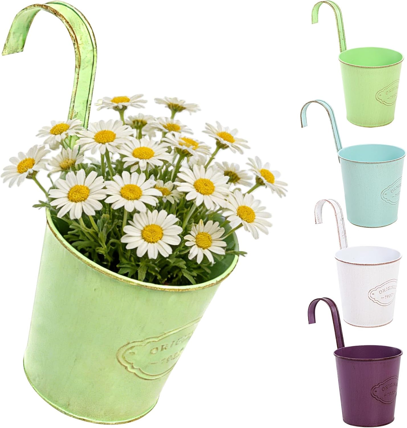 Detalle de CITÉTOILE 4er Set Hängender Blumentopf – Vintage-Style, verzinktes Metall, mit abnehmbarem Haken