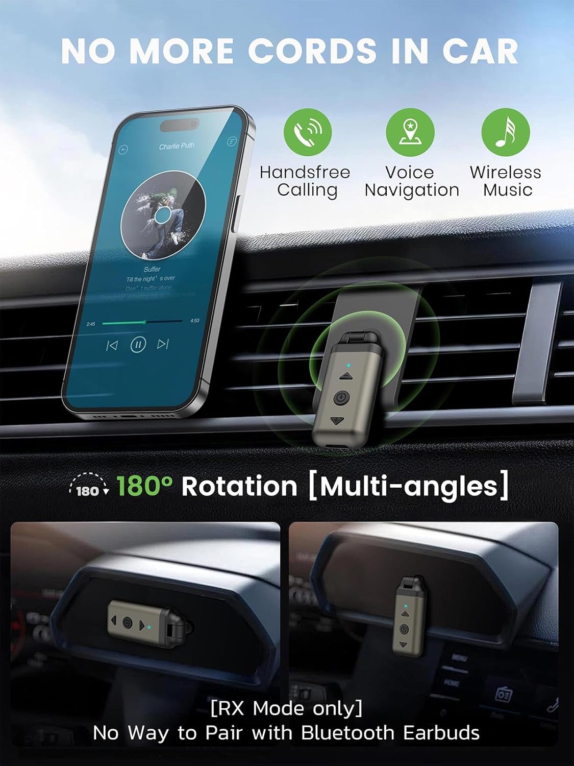 Detalle de HVMLAK Air88 Aux Bluetooth 5.4 Adapter Auto – kabelloses Audio für unterwegs, rotierender 3.5 mm Anschluss