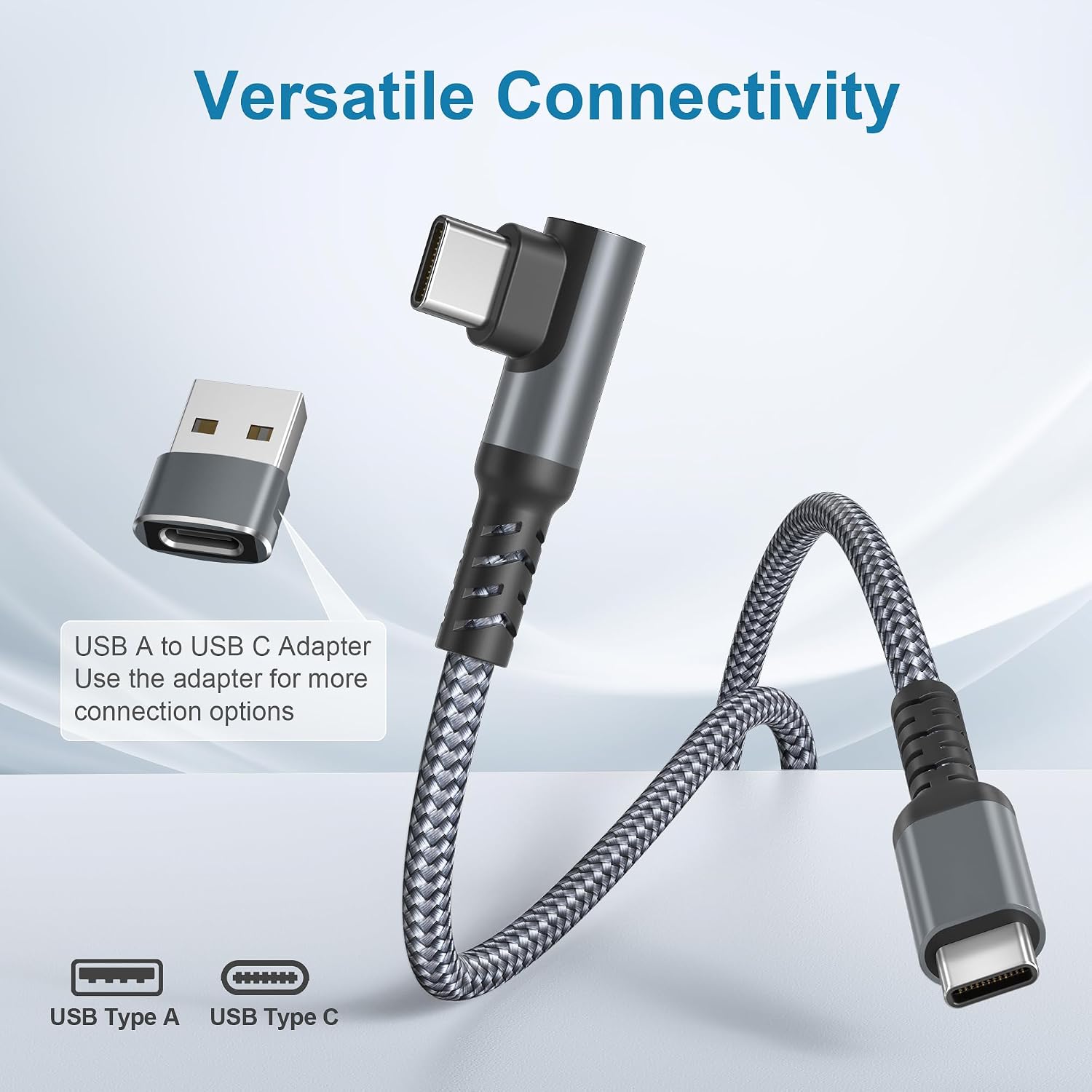 Detalle de BASESAILOR 60W USB-C fast charging car charger cable with right-angled connector (3m) + USB-C adapter