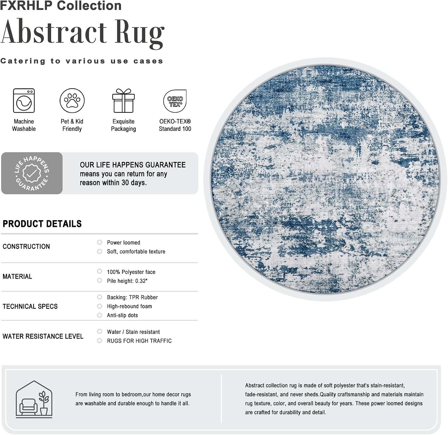 Thumbnail 1 de Round 8-Ft Washable Abstract Area Rug – Blue for Living Room