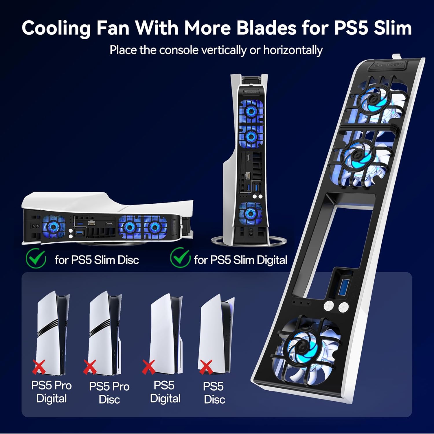 Thumbnail 1 de NEWDERY Cooling Fan for PS5 Slim Console – quiet temperature-adjustable fan with USB 3.0 pass-through and dynamic RGB