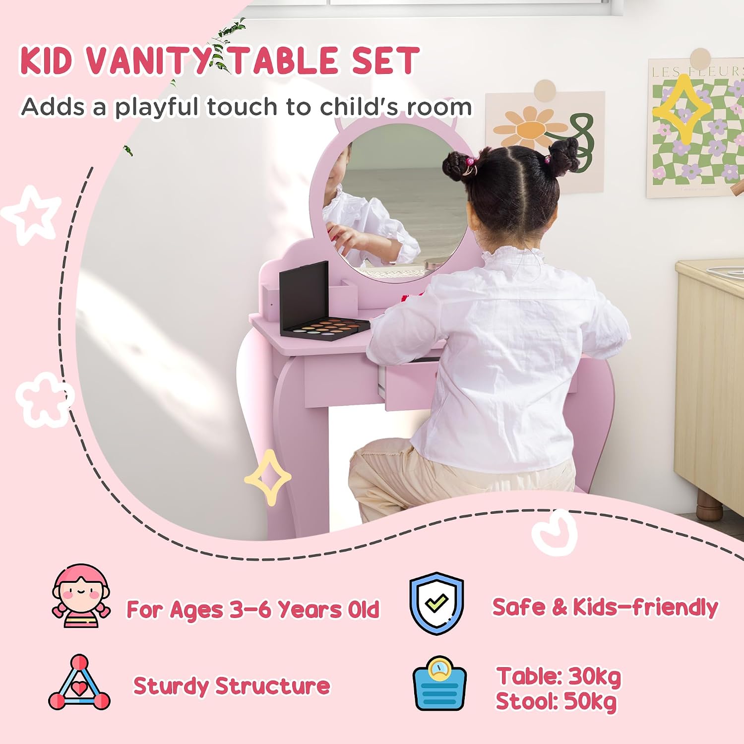 Thumbnail 2 de ZONEKIZ Kids Dressing Table with Mirror and Stool – Pink (Ages 3–6)
