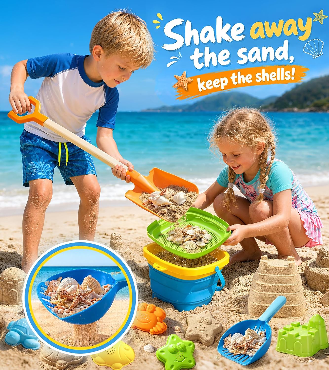 Detalle 2 de Collapsible Beach Sand Toys for Kids — 15-Piece Set with Bucket, Sifter, Molds & Mesh Bag