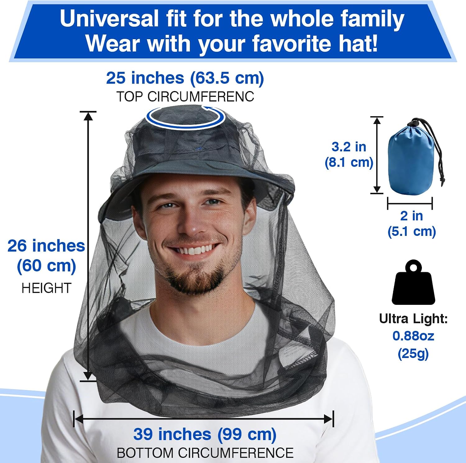 Detalle 1 de DIZKOUZ 2 Pack(Adult) Mosquito Head Net, 620-Hole Mesh, Black Polyester