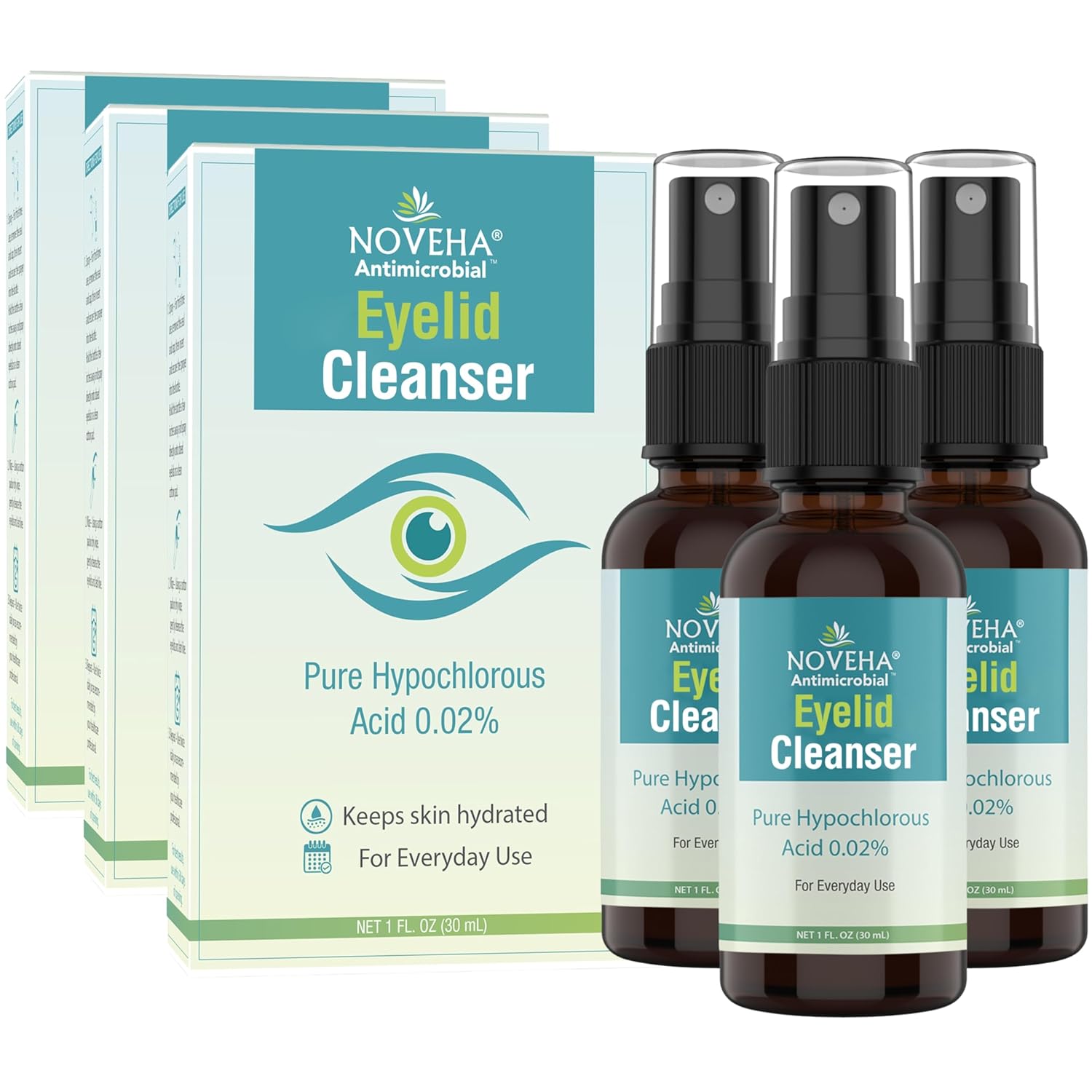 NOVEHA Eyelid Cleanser Hypochlorous Acid Eyelid Spray (1oz, 3-Pack) for Stye & Dry Eye Relief