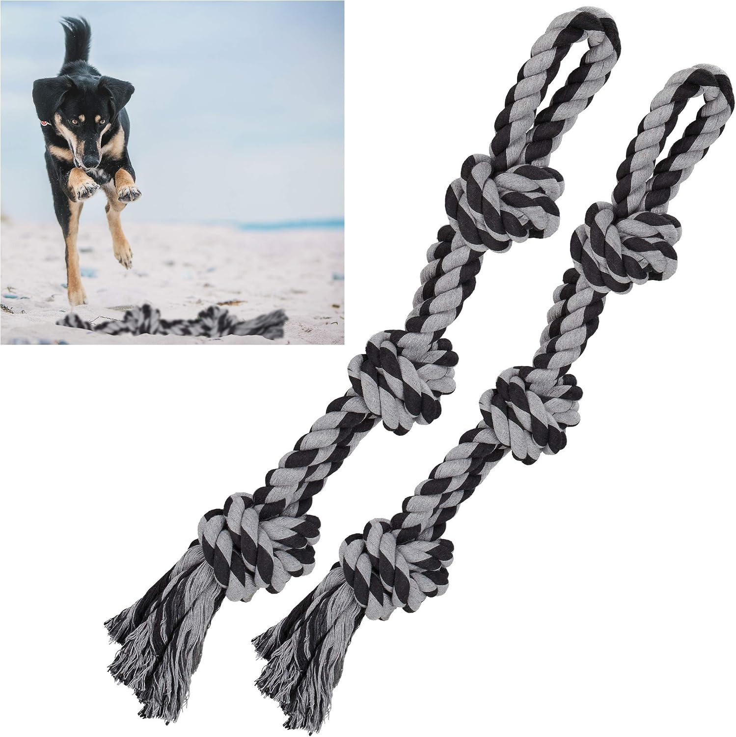 Relaxdays Corde per Cani – Set di 2 Giocattoli Resistenti da 70 cm in Treccia Nero/Grigio