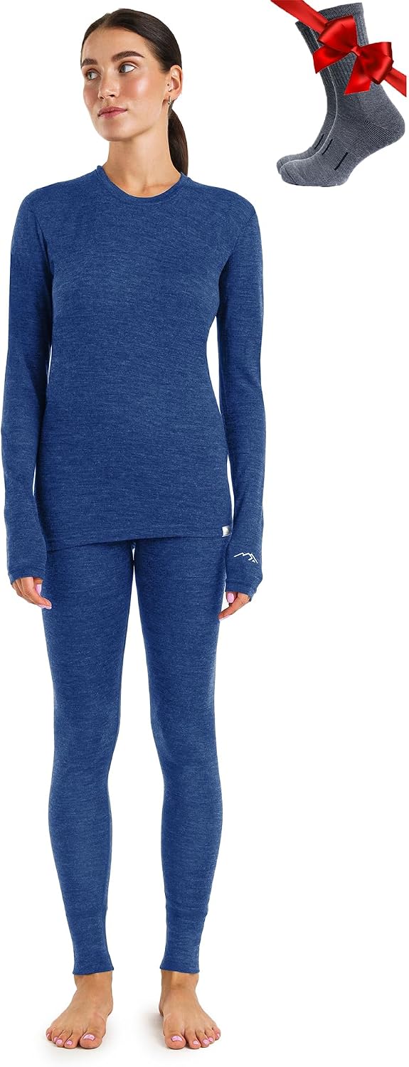 Detalle de Merino.tech 100% Merino Unterwäsche Damen Set Langarm Shirt Hose + Socken