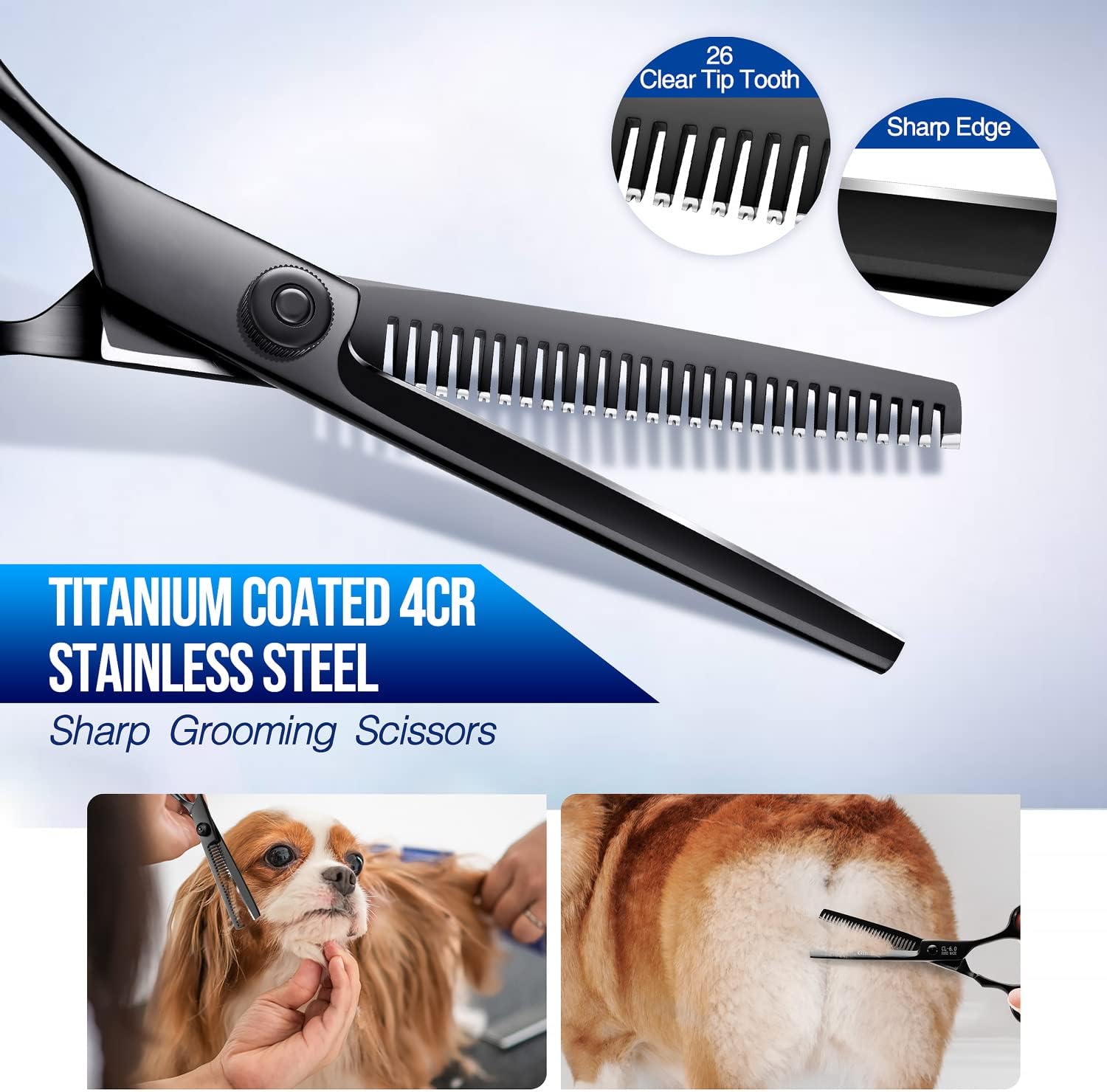 Detalle de Gimars 4C 5-in-1 Dog Grooming Scissors Kit with Safety Round Tips – 4CR Stainless, Titanium Coated (Black)