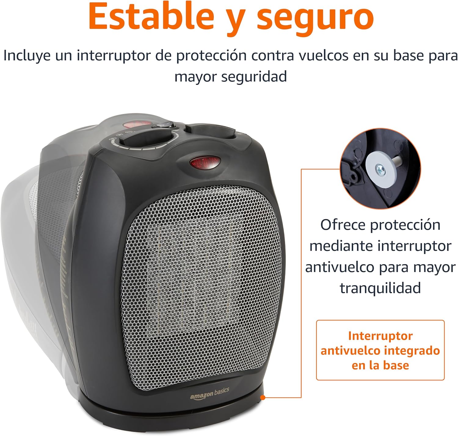 Detalle 1 de Amazon Basics Calefactor cerámico oscilante, 1800 W, negro y con termostato