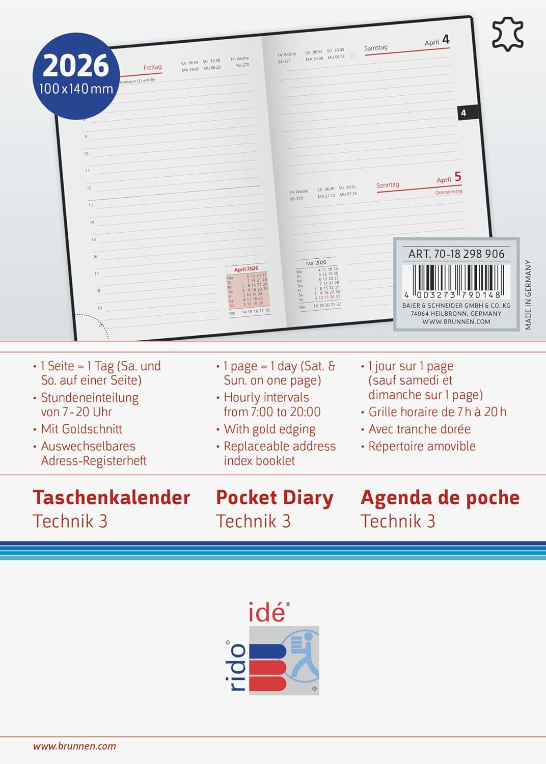 Detalle 2 de rido/idé Taschenkalender Mod. Technik III '26 A6 Leder schwarz