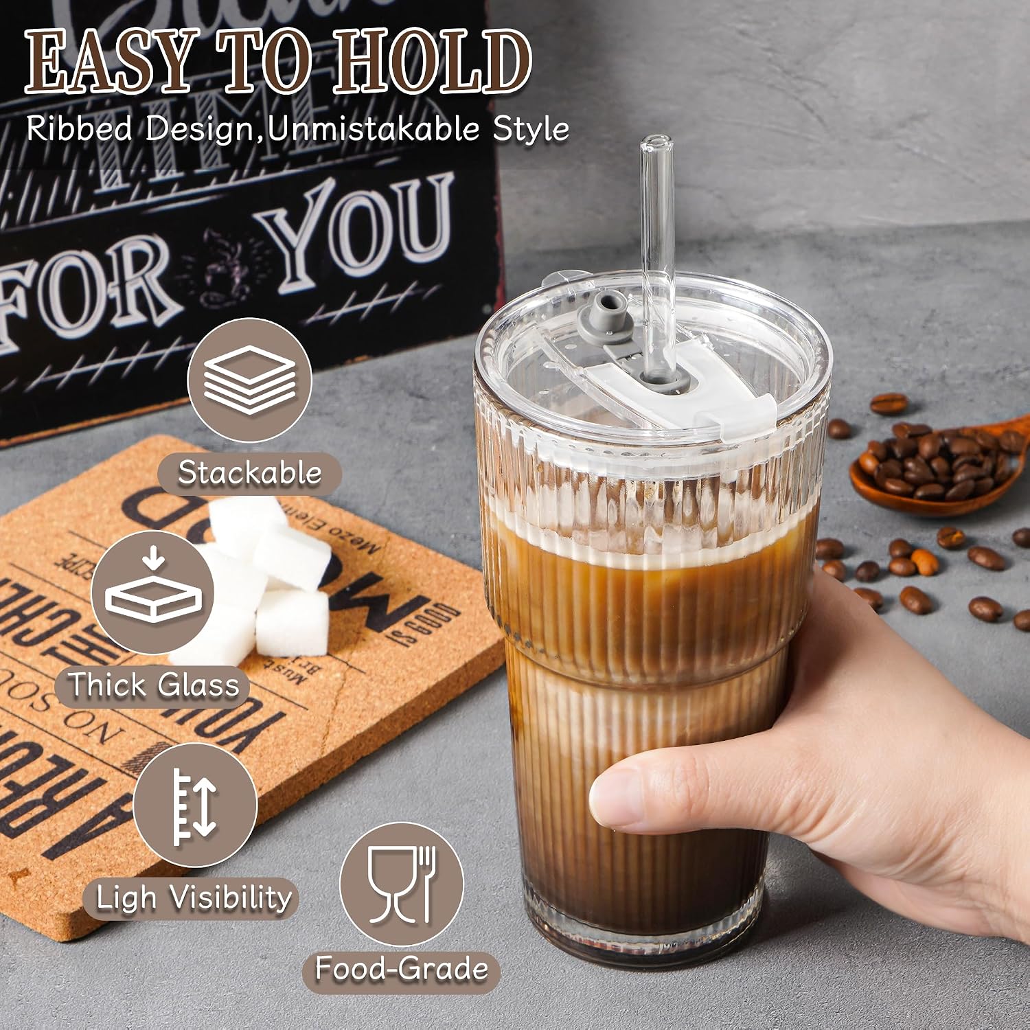 Detalle de KUOGAS räfflade kaffeglas, 2-pack à 600 ml med lock och sugrör