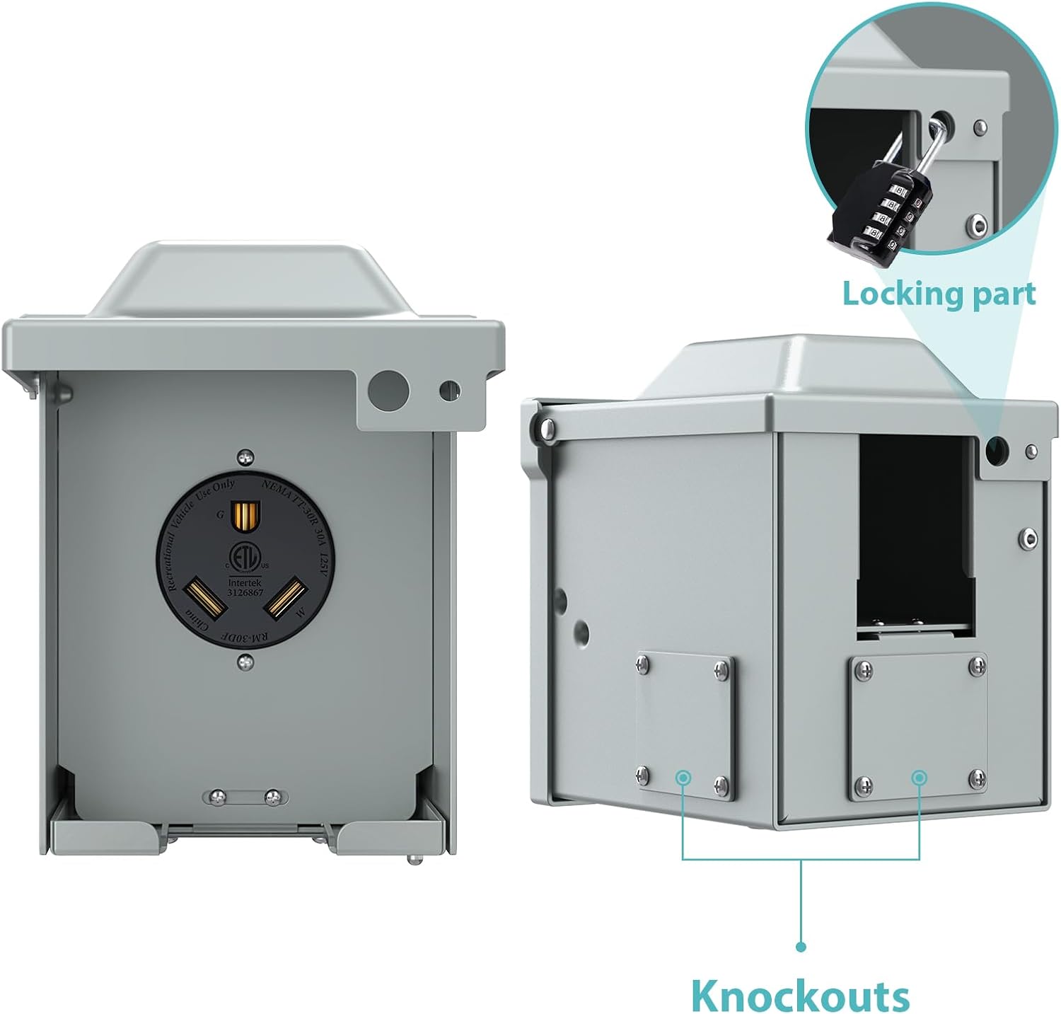 Detalle 2 de WEBANG RM30DFPB 30 Amp RV Outlet Box, Lockable, Rainproof, NEMA TT-30R