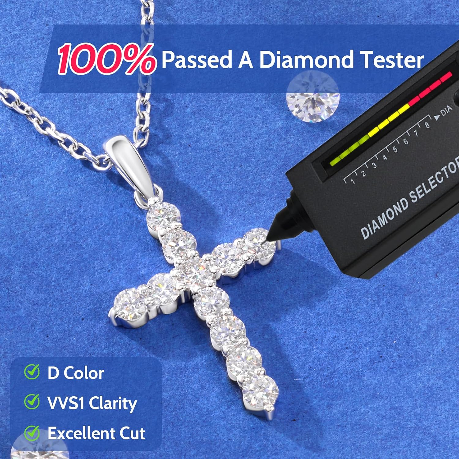 Detalle de GemmGalore Lab-Grown Diamond Cross Necklace, 18-inch chain