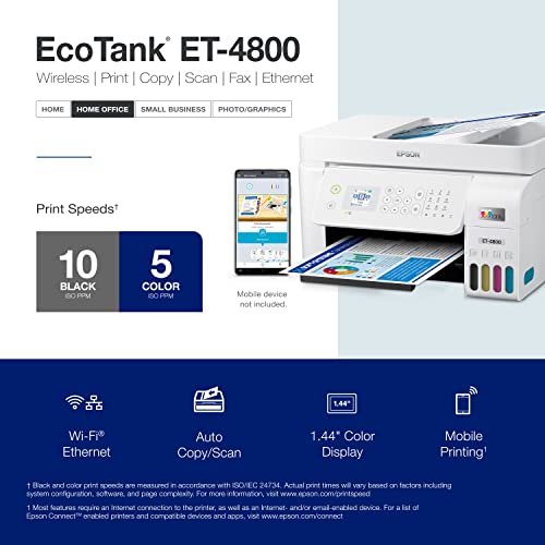 Detalle de Epson EcoTank ET-4800 Wireless All-in-One Supertank Printer with Scanner, Copier, Fax, ADF and Ethernet