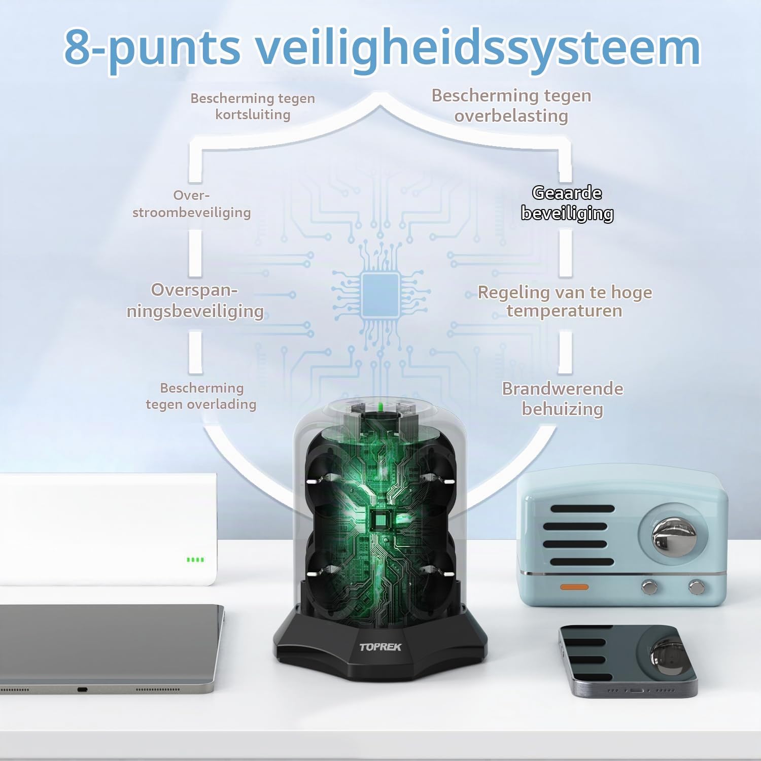 Thumbnail 3 de TOPREK VB4U8E verticale stekkerdoos met 8 stopcontacten en 4 USB-poorten