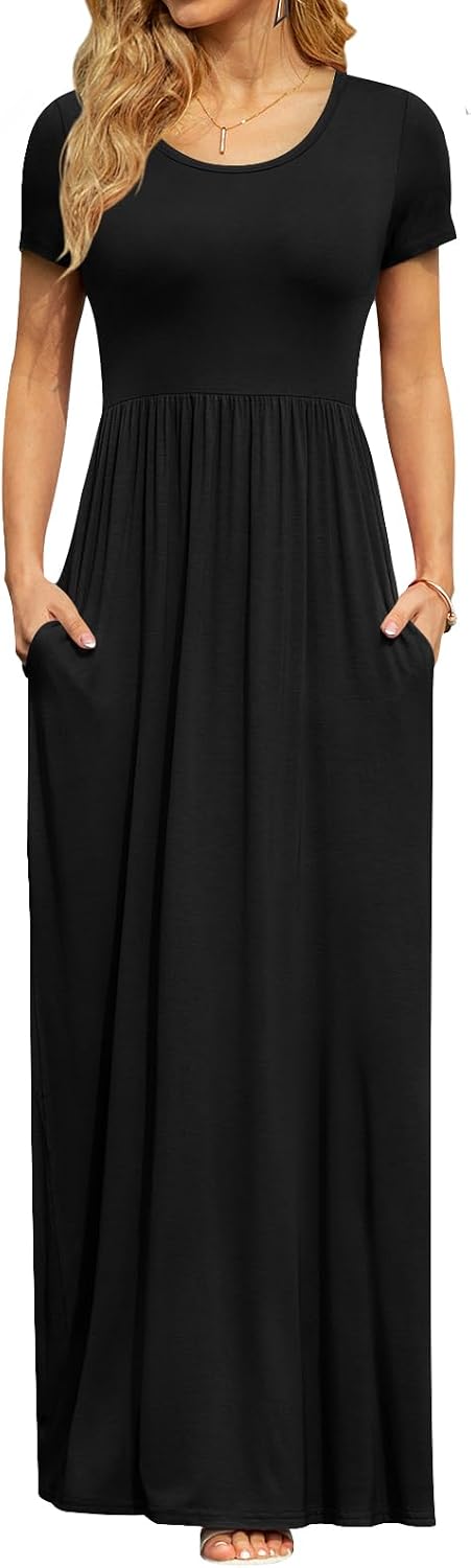 Detalle de DB MOON Women’s 2026 Summer Maxi Dress with Pockets — Empire Waist, Short Sleeves, Casual Long Beach Maxi