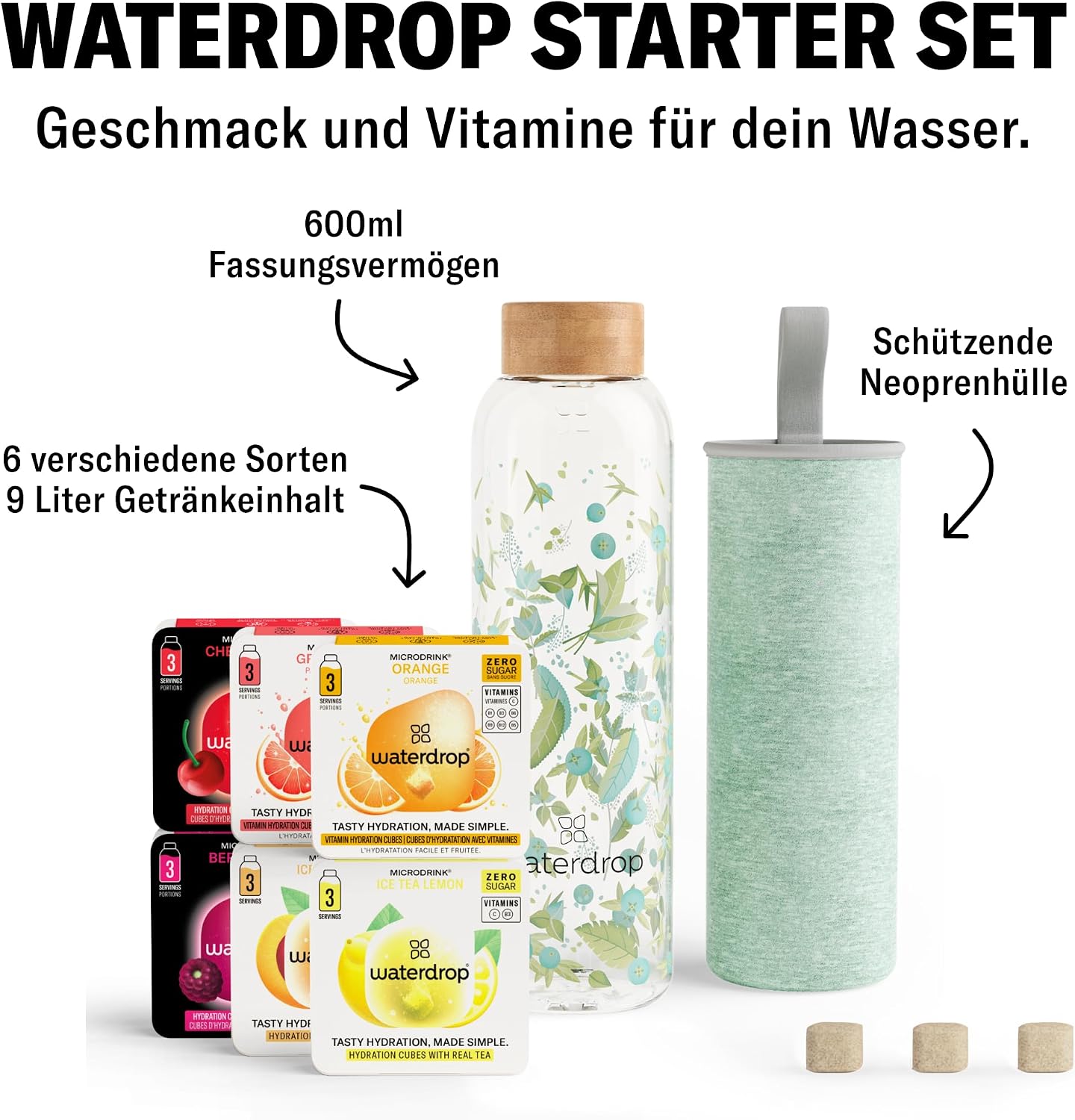 Detalle 2 de waterdrop Flasche Glas 600 ml mit Drops