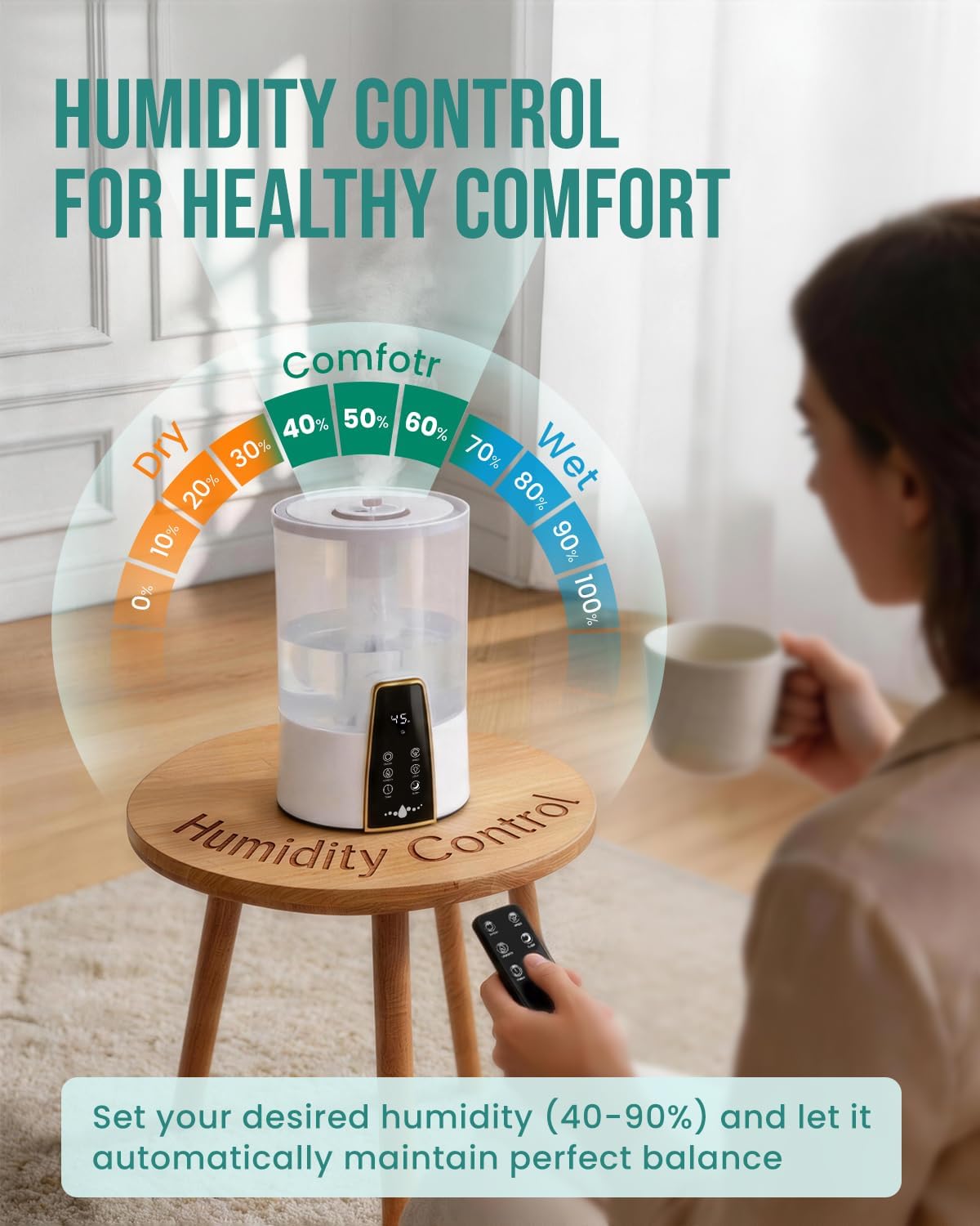 Detalle de AILINKE MH-22301 Ultrasonic Humidifier, 4 L Top-Fill with Remote