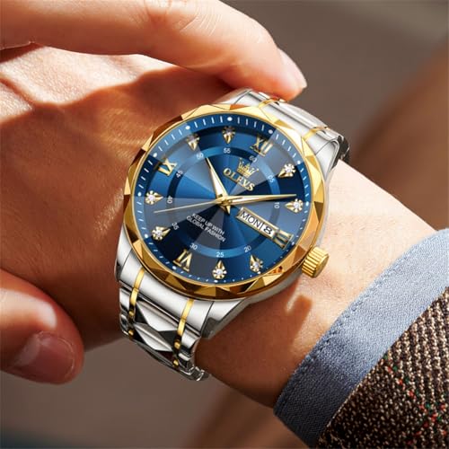 Detalle de OLEVS Men's Business Watch, Gold and Blue, Quartz, Stainless Steel Band