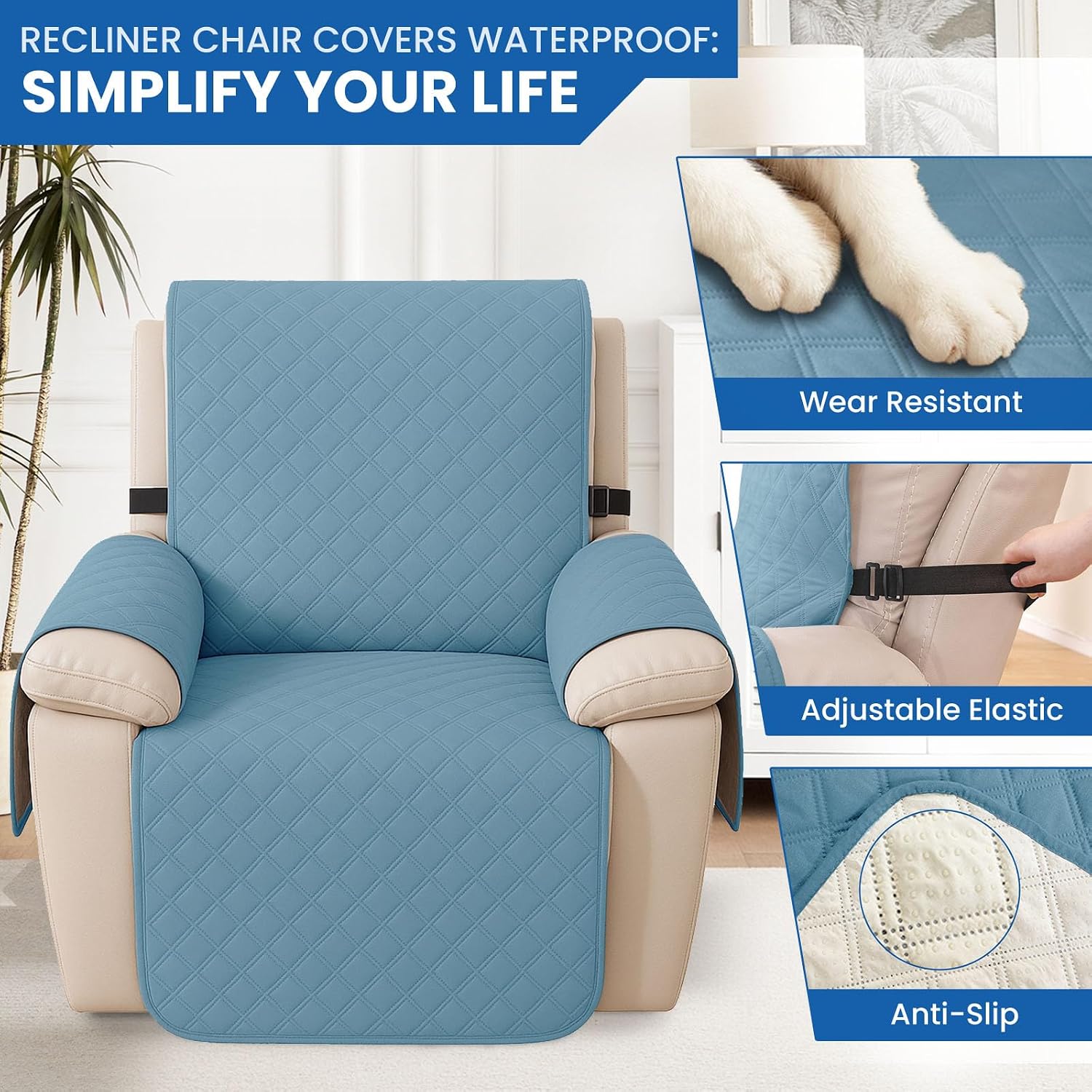 Detalle de YSTELLAA Housse de fauteuil relax 1 place étanche et antidérapante (bleu clair)