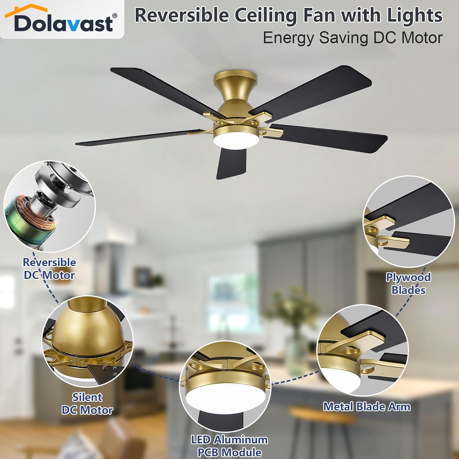 Thumbnail 5 de Dolavast HY-6162-5/52 52-Inch Flush-Mount Ceiling Fan with Light