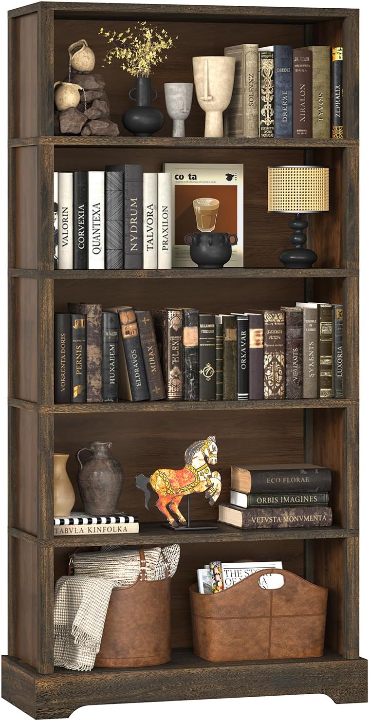 Detalle de TVU 5-Tier Solid Wood Book Shelf (Walnut) — Floor-Standing 65" Farmhouse Bookcase