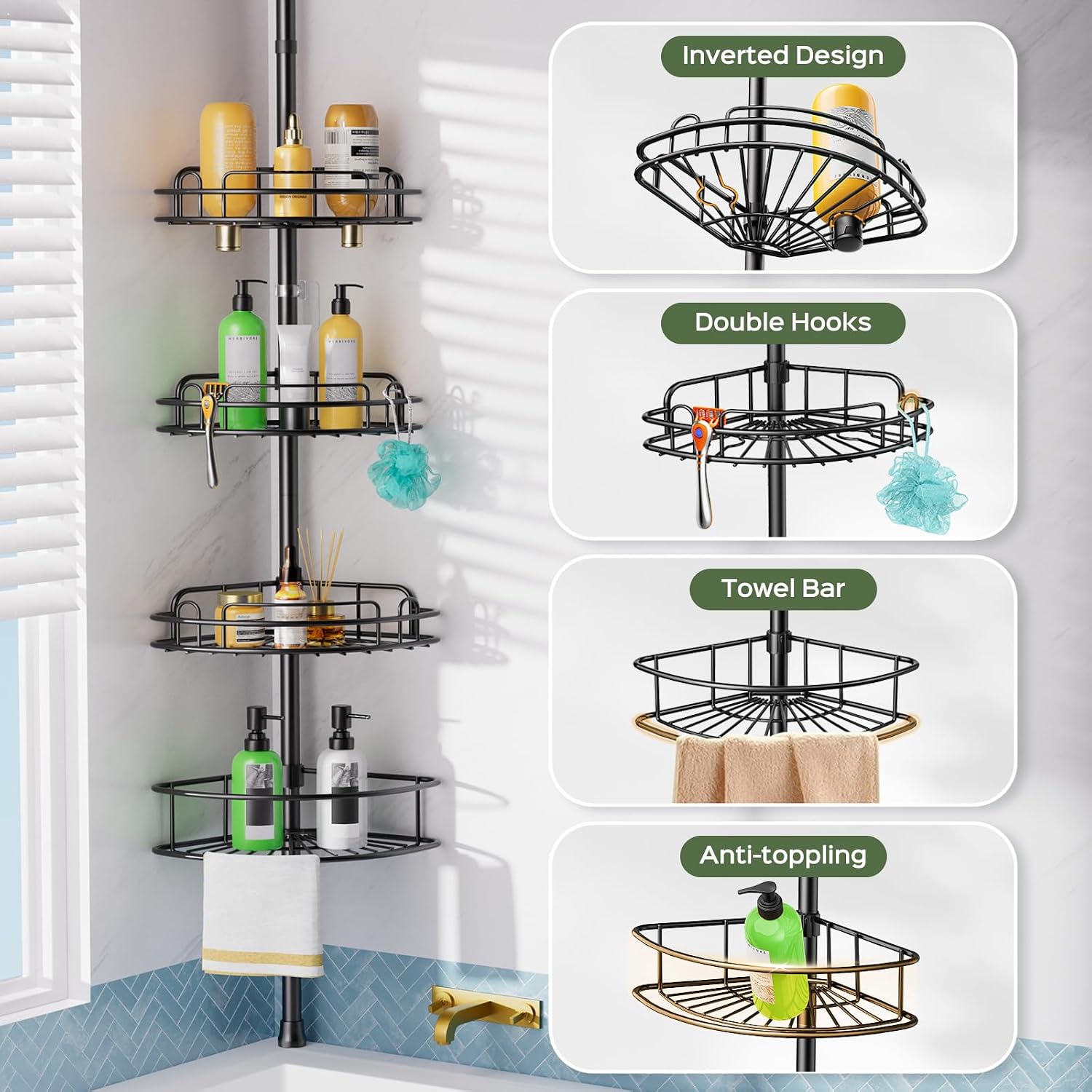 Detalle 1 de HAMITOR SCT-07P Corner Shower Caddy, 4-Tier Stainless Steel, Black
