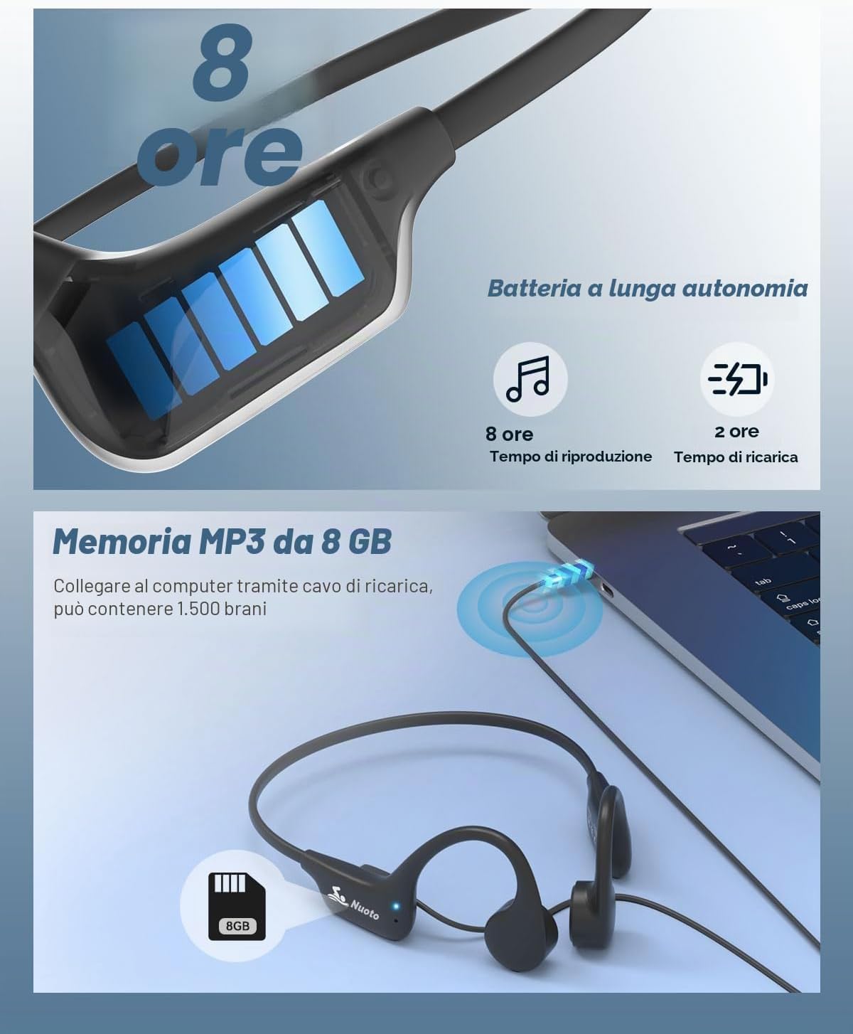 Thumbnail 6 de ANSTEN Cuffie a conduzione ossea per nuoto Bluetooth 5.4 con MP3 8GB e grado IPX8
