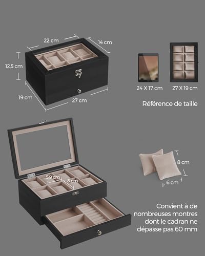 Thumbnail 2 de SONGMICS Boîte à Montres 8 Emplacements JOW008B01 – Écrin en bois avec couvercle en verre
