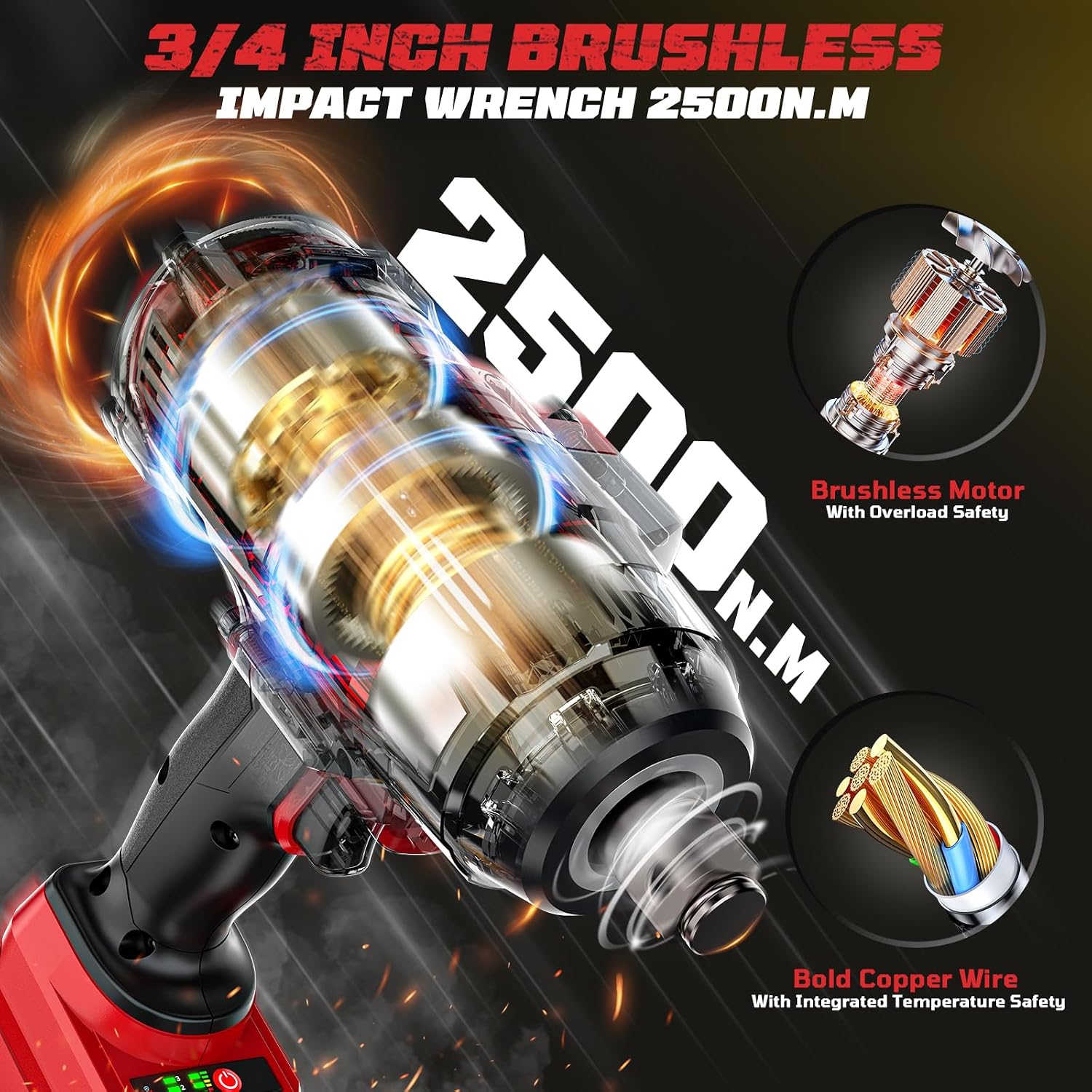 Detalle 2 de Cordless Impact Wrench 3/4 inch — 2500 N.m Max Torque, Milwaukee 18V Compatible