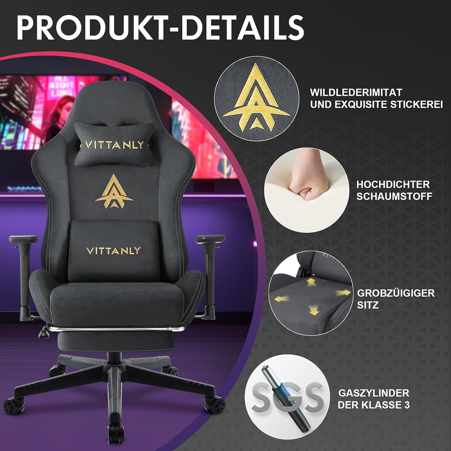 Thumbnail 4 de Vittanly Gaming Stuhl 90–155° 💺