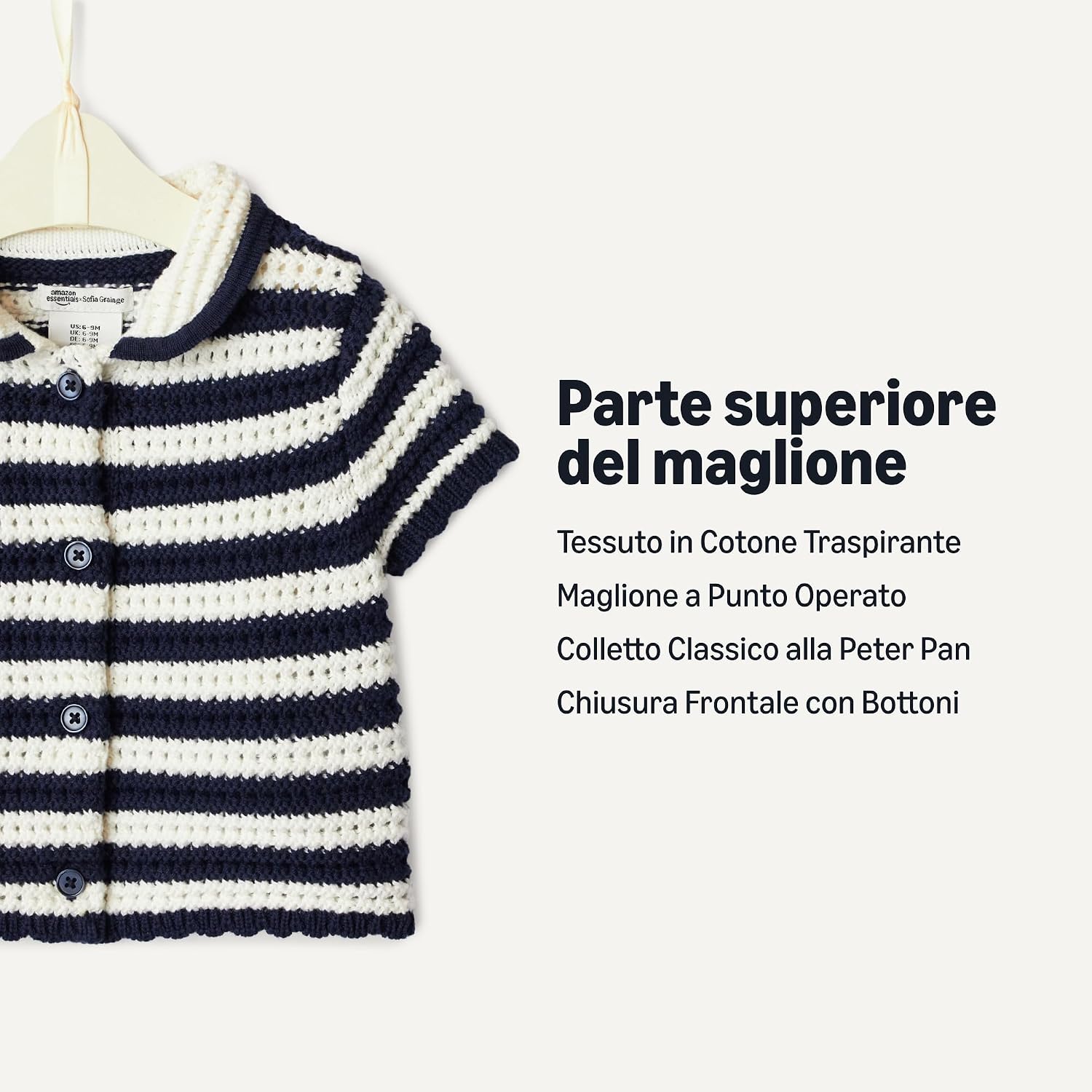 Detalle de Amazon Essentials x Sofia Grainge Maglione in Cotone con Colletto Peter Pan per Bambina 0–24 mesi