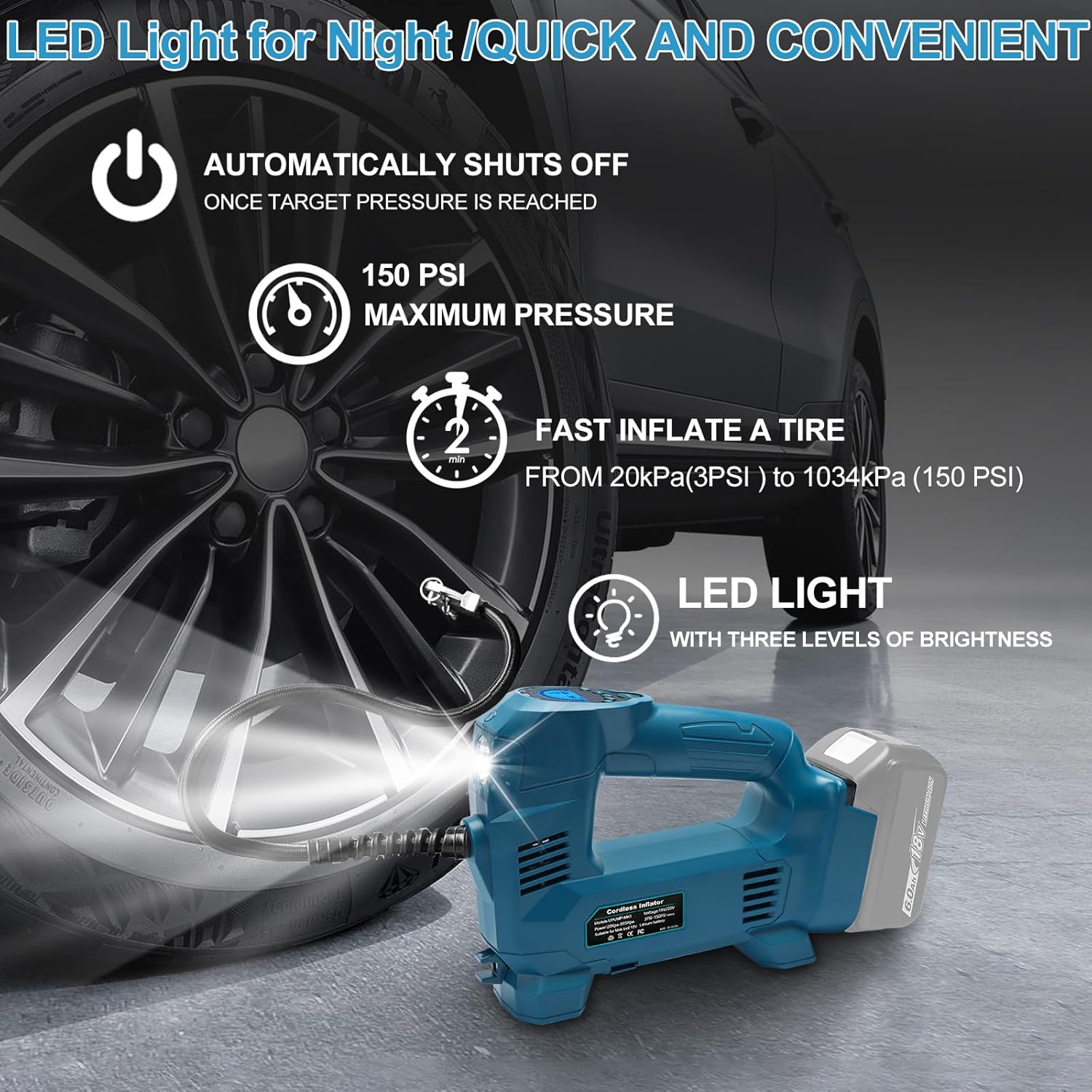 Thumbnail 4 de Powarobor compressore/gonfiatore portatile per batterie Makita 18V da 10,34 bar (150 PSI) con LED e spegnimento automatico