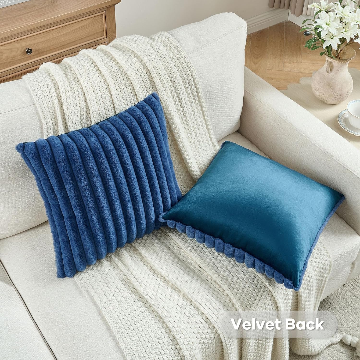 Thumbnail 3 de Ystyle lot de 2 housses de coussin 40x40 en fausse fourrure bleu marine