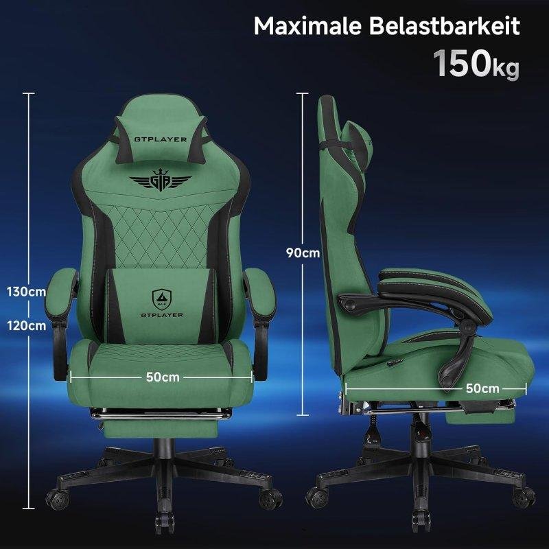Detalle 2 de Silla Gaming GTPLAYER ergonómica de tela verde, reclinable 155°