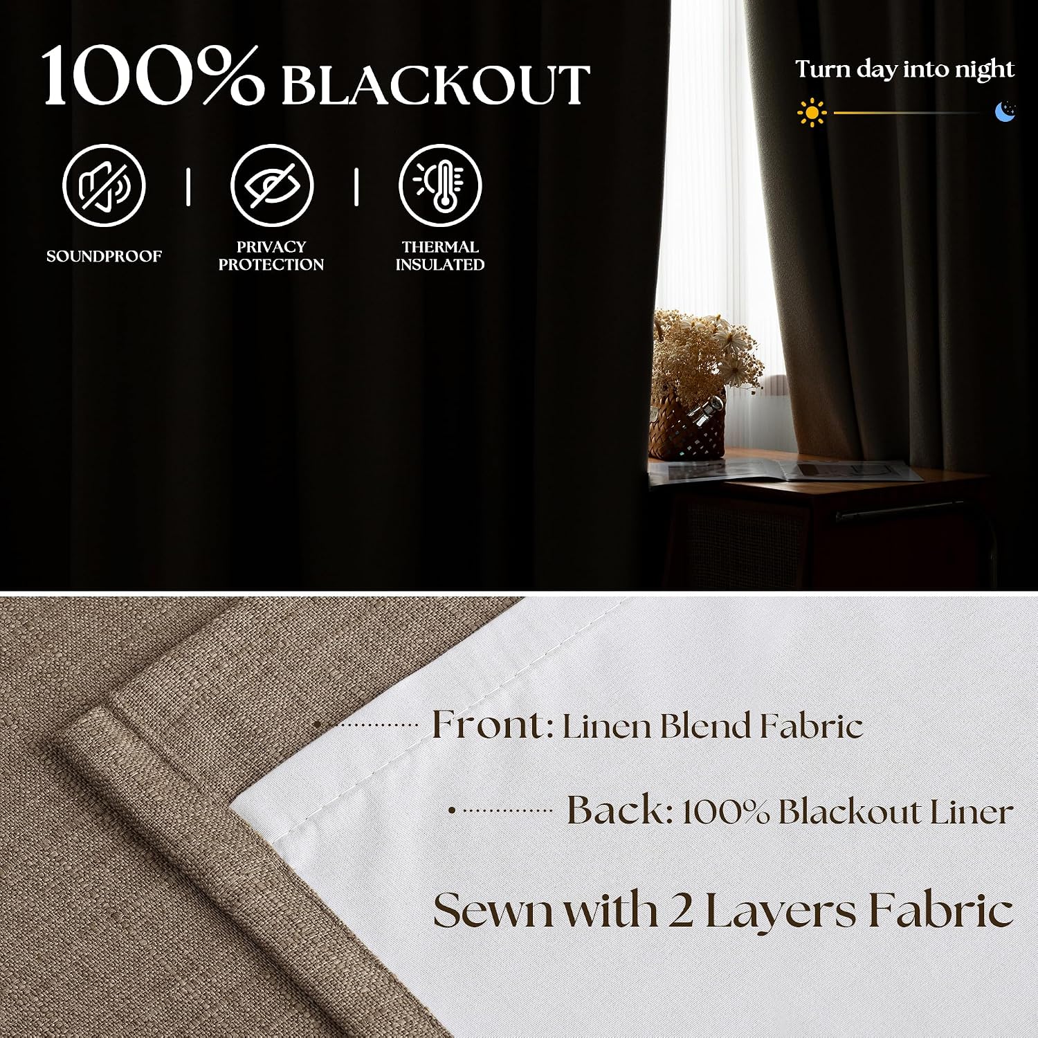 Detalle de Dark Flax Pinch Pleated 100% Blackout Linen Curtains – 50x84 Inches, Double Layer
