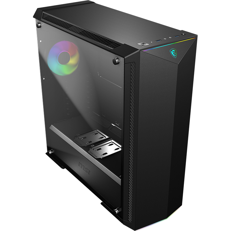 Detalle de MSI MPG Gungnir 100: chassis negro con cristal templado y ARGB