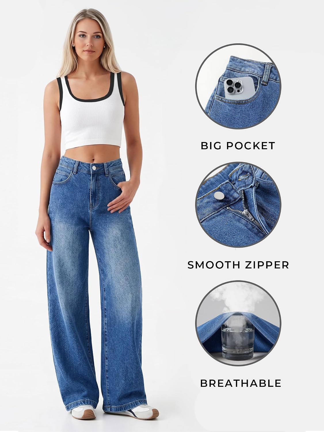 Thumbnail 6 de EMMIOL Women Baggy Jeans Mid-Low Waist Boyfriend Streetwear Vintage Jeans Wide Leg Denim Pants