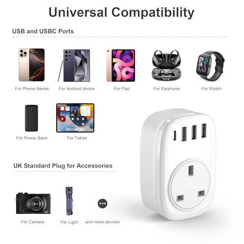 Detalle de Tusreda UK to EU Plug Adaptor (Type E/F) with USB-C and USB-A Ports