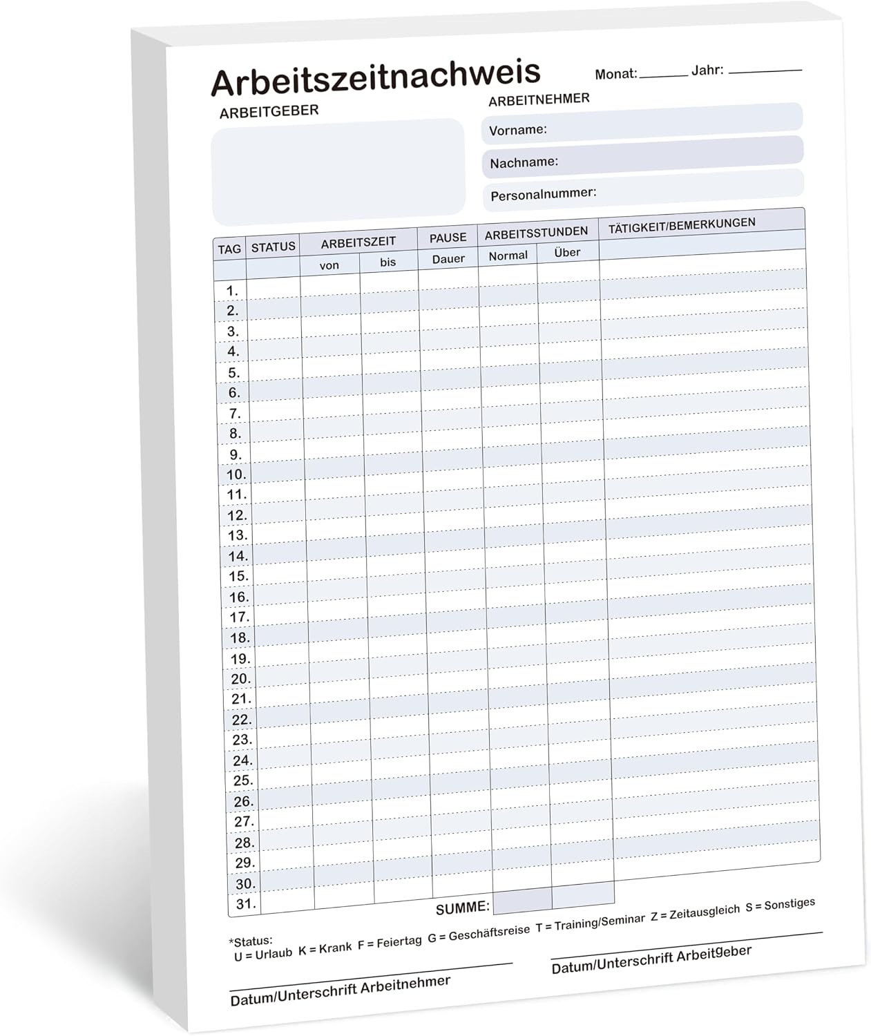 Thumbnail 6 de BIROYAL Stundenbuch für Arbeit – Stundennachweis im DIN A4-Block, 31 Tage pro Blatt, monatliche Zeiterfassung