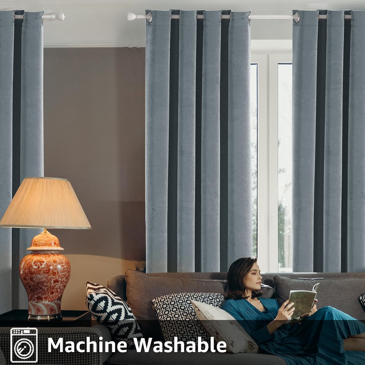Detalle de Rideaux en velours Ystyle pour intérieur – 2 panneaux occultants 100% noir, 140 x 300 cm, isolants thermiques et phono-absorbants, gris foncé