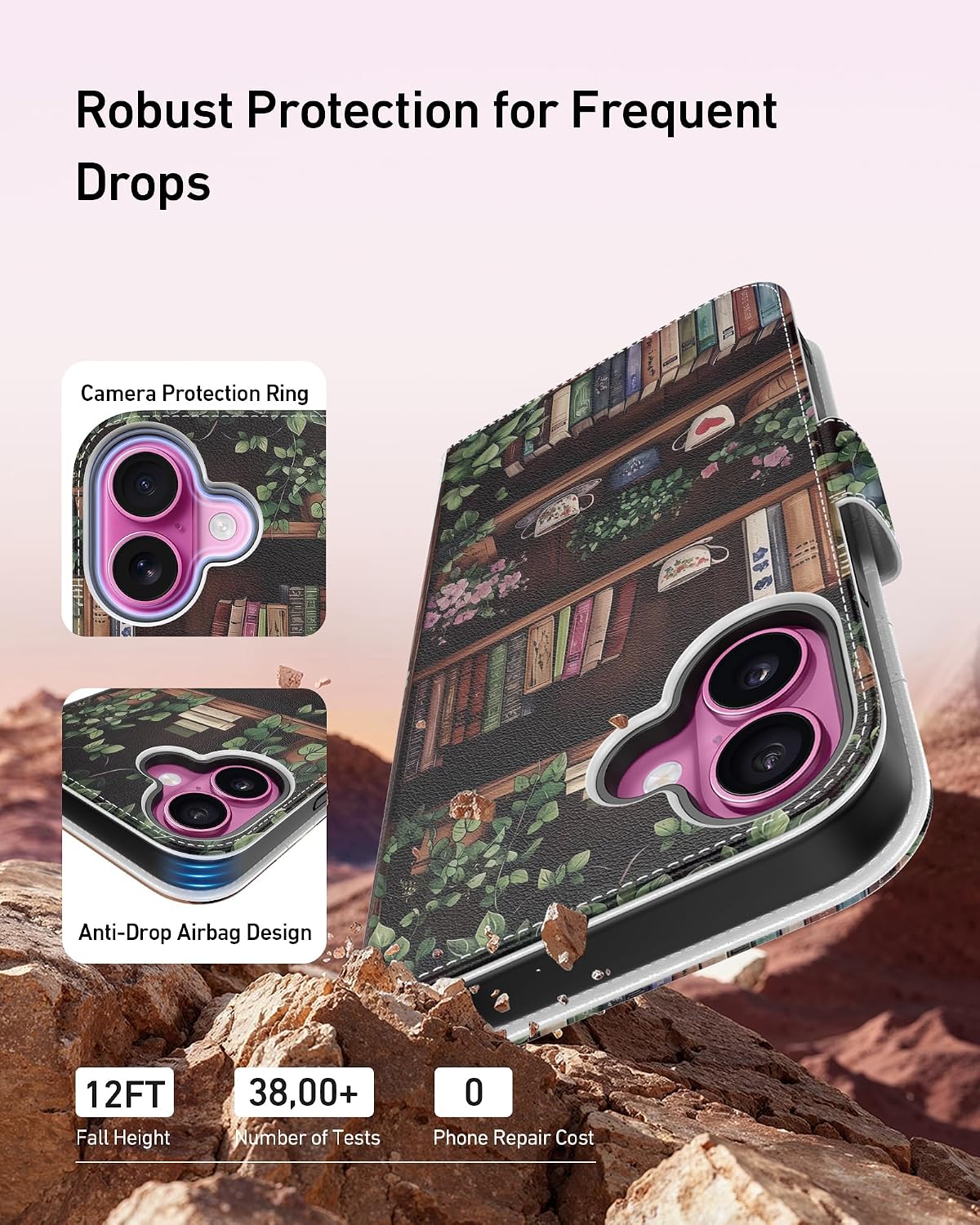 Detalle 1 de DEENAKIN iPhone 16 Wallet Case with Card Slots, Cash Clip and Kickstand