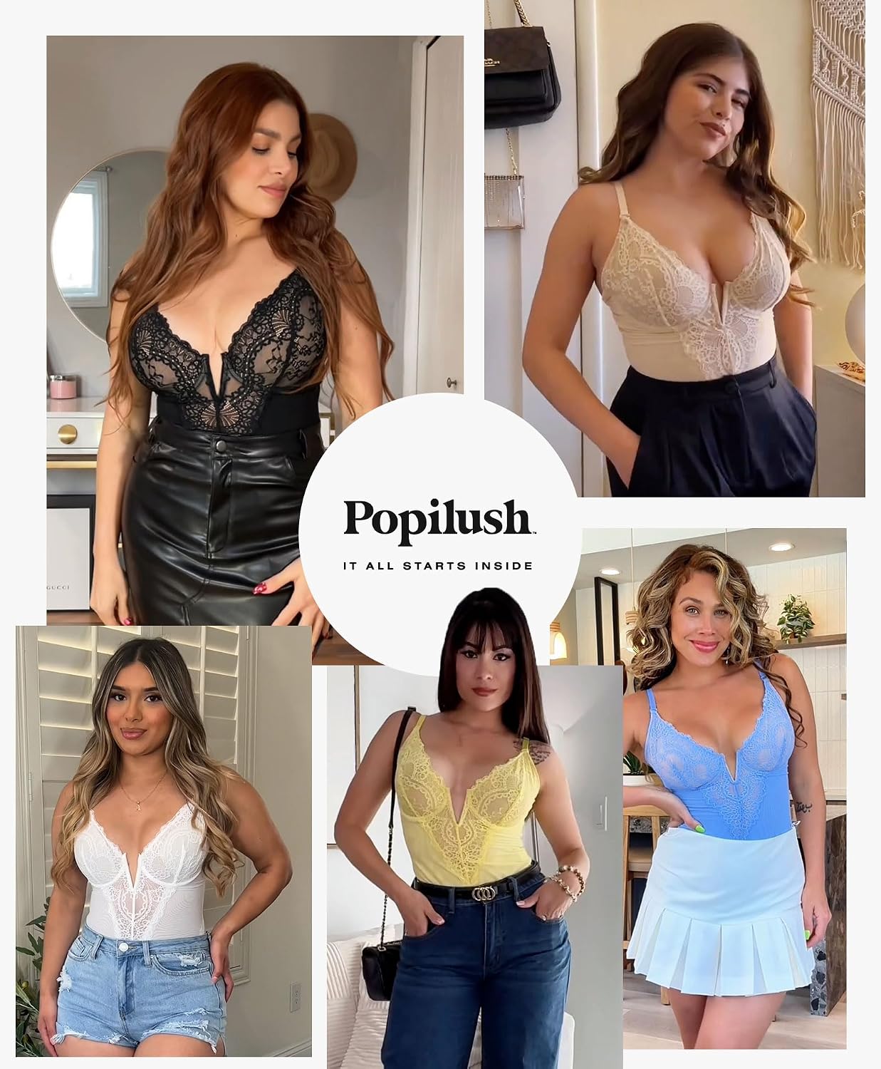 Thumbnail 5 de Popilush Lace Corset Bodysuit for Women, Underwire, Deep V, Low Back