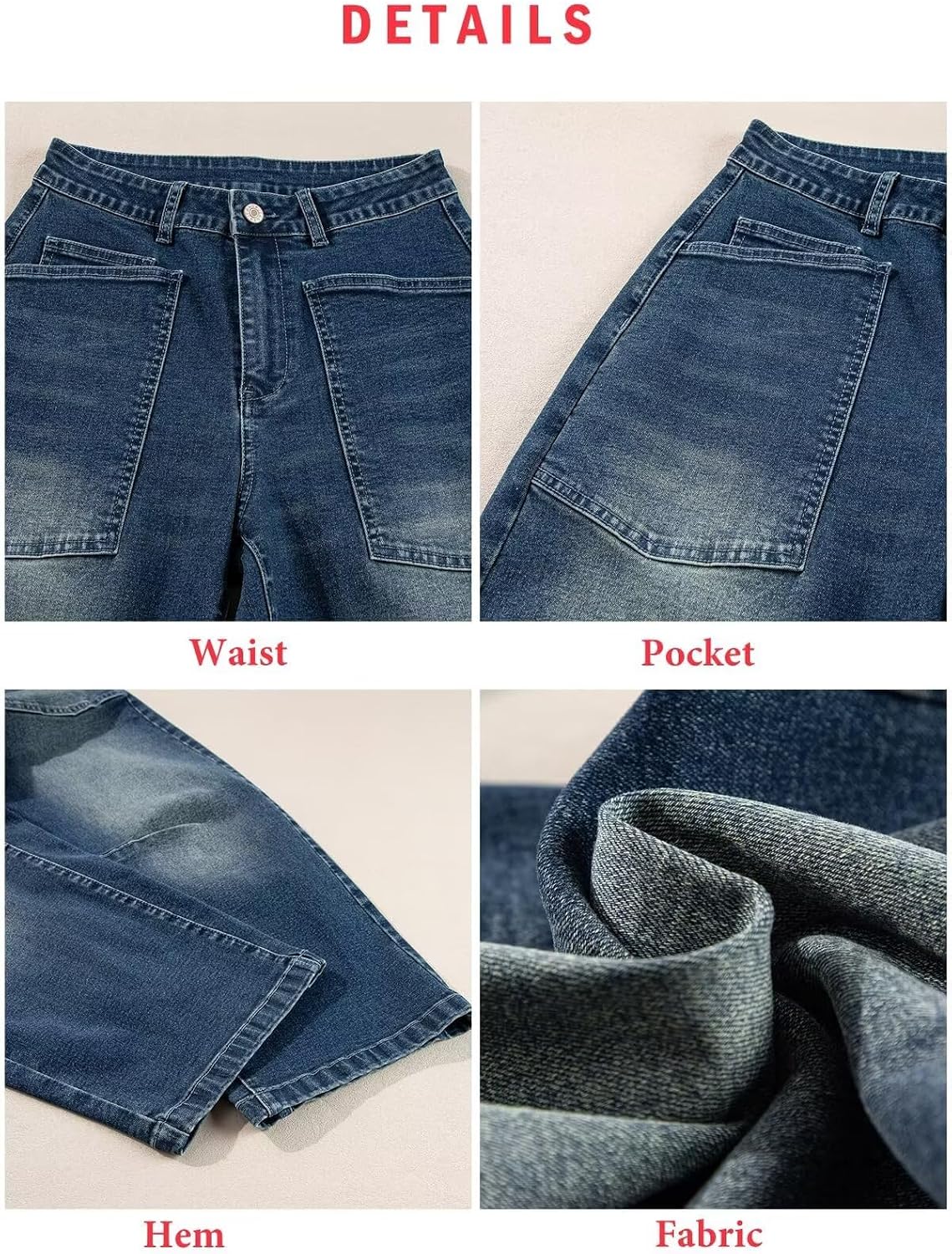 Detalle 2 de EVALESS Barrel-Leg Jeans, High-Waisted Stretch Denim, Relaxed Cropped Fit