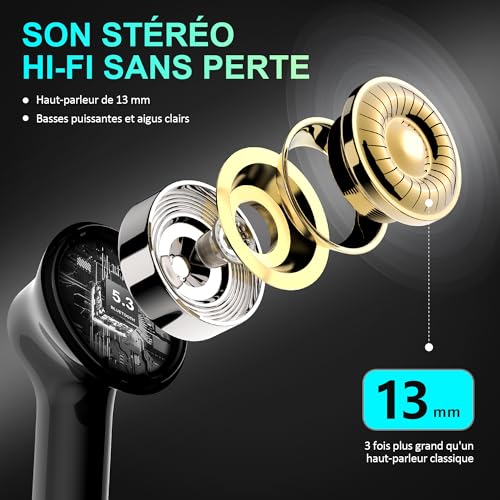 Detalle de Cervanta écouteurs Bluetooth 5.3 sans fil, écran LED, 35 h, USB-C