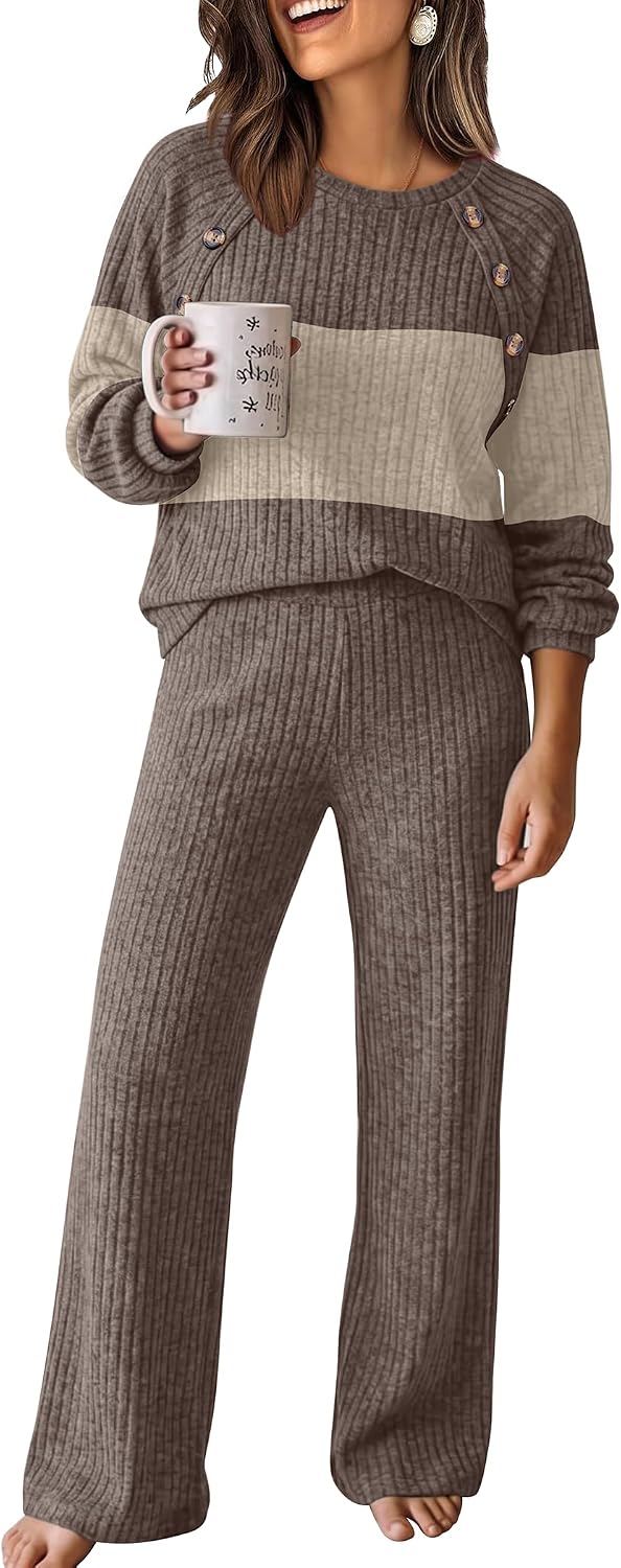 Detalle 2 de WIHOLL Women's Ribbed Knit Lounge Set with Button-Shoulder Sweater