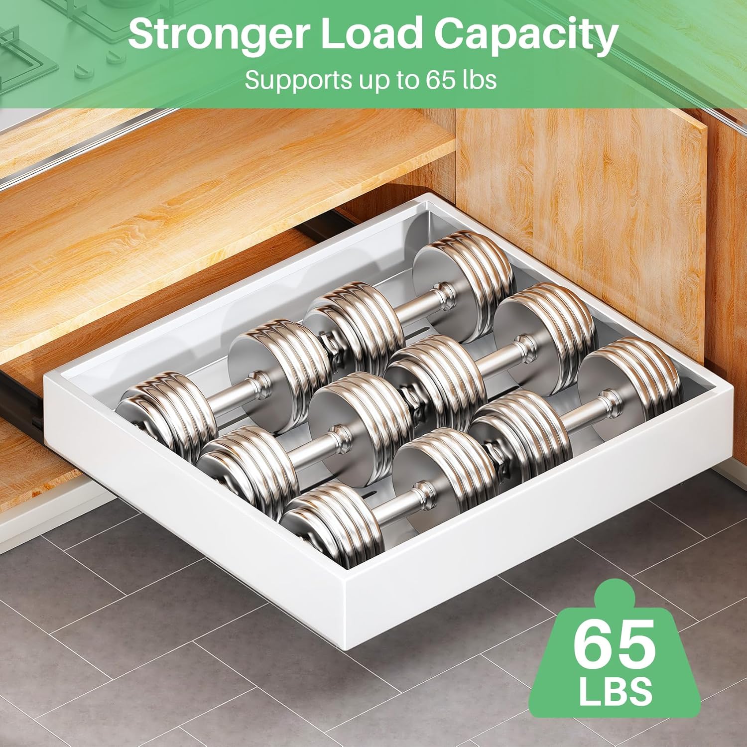 Thumbnail 4 de 2-Pack Pull-Out Cabinet Organizer (21" Deep) — Heavy-Duty Full-Extension Slide Out Drawers for Frameless Cabinets, White