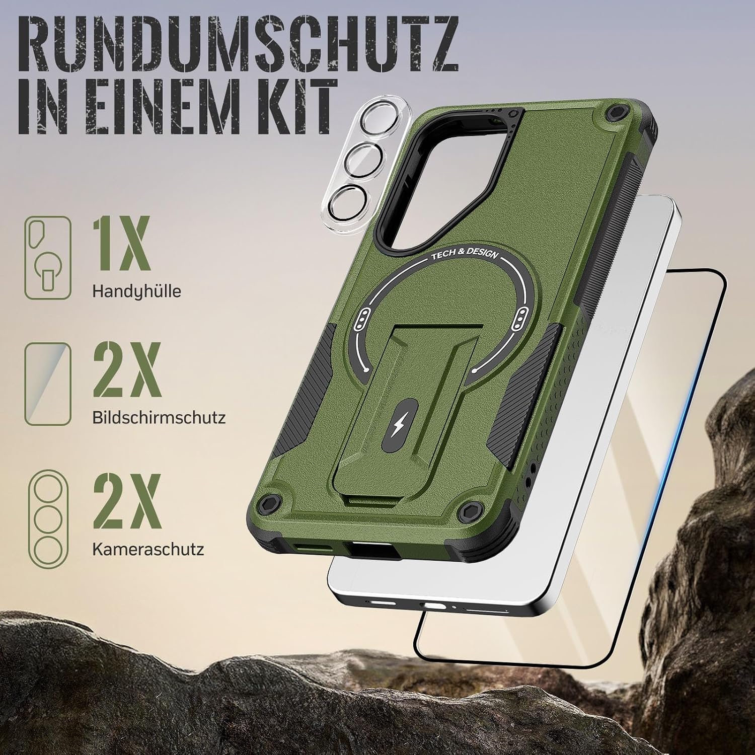 Detalle 2 de Leedia Magnetische Hülle für Samsung Galaxy S26 – Dual-Layer Schutz mit verstecktem Ständer, 2 Displayschutzfolien & 2 Kameraschutz, Grün
